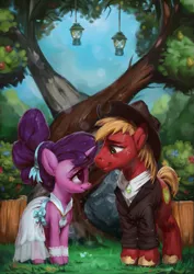 Size: 765x1080 | Tagged: safe, artist:assasinmonkey, derpibooru import, big macintosh, sugar belle, earth pony, pony, unicorn, the big mac question, apple, apple tree, bokeh, clothes, cute, dress, female, food, hat, husband and wife, intertwined trees, lantern, looking at each other, male, mare, marriage, pear tree, rock, scene interpretation, shipping, stallion, straight, sugarbetes, sugarmac, tree, wedding, wedding dress