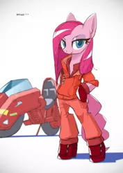 Size: 1414x2000 | Tagged: safe, artist:satv12, derpibooru import, pinkie pie, anthro, earth pony, akira, bipedal, clothes, female, kaneda shotaro, mare, motorcycle, pinkamena diane pie, simple background, solo, white background