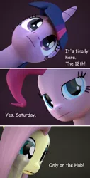 Size: 1600x3144 | Tagged: safe, artist:extremespeed slowpoke, derpibooru import, fluttershy, pinkie pie, twilight sparkle, pony, 3d, blender, hub network, jojo reference, the hub