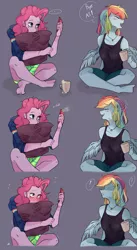 Size: 2248x4096 | Tagged: safe, artist:phattaraphorn_1, artist:tar, derpibooru import, pinkie pie, rainbow dash, human, equestria girls, alcohol, beer, candid photo, clothes, female, glass, lesbian, long sleeve shirt, pillow, pinkiedash, shipping, shorts, shy, vest, wings