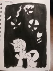 Size: 3120x4160 | Tagged: safe, artist:taurson, derpibooru import, cozy glow, queen chrysalis, starlight glimmer, pony, unicorn, equal cutie mark, inktober, inktober 2019, monochrome, s5 starlight, traditional art