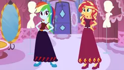 Size: 1010x570 | Tagged: safe, artist:starman1999, derpibooru import, rainbow dash, sunset shimmer, equestria girls, base used, clothes, long skirt, skirt