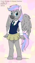 Size: 550x1000 | Tagged: anthro, artist:drjavi, clothes, crossdressing, cute, derpibooru import, male, miniskirt, oc, oc:cody morgan, pegasus, pleated skirt, safe, school uniform, skirt, solo, stallion, unguligrade anthro, unofficial characters only