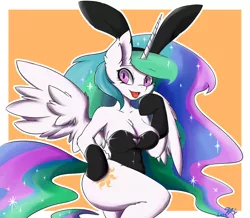 Size: 4431x3861 | Tagged: suggestive, artist:9air, derpibooru import, princess celestia, alicorn, anthro, animal costume, arm hooves, breasts, bunny ears, bunny suit, bunnylestia, butt, cleavage, clothes, costume, cutie mark, female, halloween, halloween costume, holiday, leotard, looking at you, mare, open mouth, praise the sun, solo, solo female, stupid sexy celestia, sunbutt, tongue out, wide hips, wings