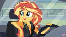 Size: 1200x675 | Tagged: safe, derpibooru import, screencap, sunset shimmer, driving miss shimmer, equestria girls, equestria girls series, car, female, solo, watermark