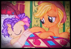 Size: 1107x760 | Tagged: safe, artist:christine-rose96, derpibooru import, applejack, oc, pony, unicorn, alternate hairstyle, bed, duo, female, filly, floppy ears, magical lesbian spawn, mother and child, mother and daughter, offspring, parent:applejack, parent:rarity, parents:rarijack, short mane, sleeping, traditional art