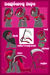 Size: 1600x2400 | Tagged: safe, artist:crystal-tranquility, derpibooru import, oc, oc:raspberry hope, unofficial characters only, bat pony, pony, baby, baby pony, cloak, clothes, female, filly, mare, pipbuck, reference sheet, scythe, simple background, solo, transparent background