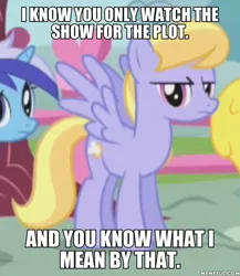 Size: 600x691 | Tagged: safe, derpibooru import, edit, edited screencap, screencap, cherry berry, cloud kicker, minuette, pegasus, pony, griffon the brush off, background pony, caption, cropped, female, i watch it for the plot, image macro, mare, solo focus, text, unamused