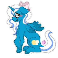 Size: 768x768 | Tagged: safe, artist:keegondragon, derpibooru import, oc, oc:fleurbelle, unofficial characters only, alicorn, pony, alicorn oc, blushing, bow, cute, female, hair bow, horn, looking at you, looking back, looking back at you, mare, shy, wings, yellow eyes