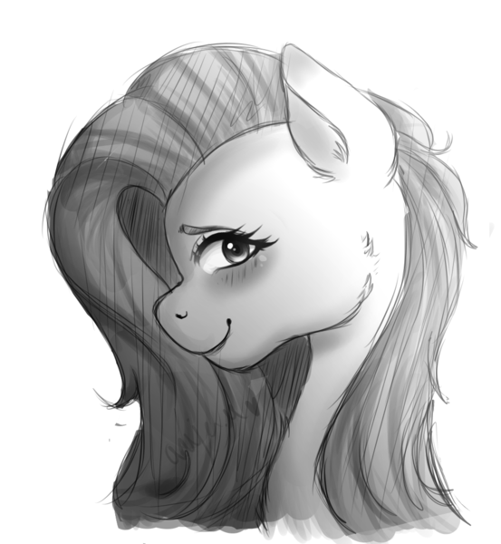 Size: 1000x1085 | Tagged: safe, artist:inkyy-kiwi, derpibooru import, fluttershy, pony, blushing, bust, female, looking at you, looking sideways, mare, monochrome, portrait, profile, simple background, smiling, solo, white background