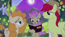 Size: 600x338 | Tagged: safe, derpibooru import, edit, screencap, big macintosh, bright mac, mayor mare, pear butter, sugar belle, earth pony, pony, unicorn, the big mac question, the perfect pear, animated, apple, apple tree, book, food, gif, hat, intertwined trees, mare in the moon, moon, non-dyed mayor, pear tree, pink mane, tree