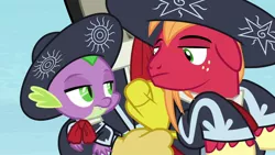 Size: 1920x1080 | Tagged: safe, derpibooru import, screencap, big macintosh, discord, spike, dragon, earth pony, pony, the big mac question, discovery family logo, hug, male, mariachi, mariachi hat, stallion, three amigos, unamused, winged spike