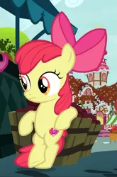 Size: 617x937 | Tagged: safe, derpibooru import, screencap, apple bloom, earth pony, pony, the big mac question, bipedal, bipedal leaning, bow, cropped, crossed hooves, crossed legs, female, filly, hair bow, leaning, offscreen character, solo, solo focus, sugarcube corner