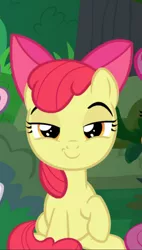 Size: 531x938 | Tagged: safe, derpibooru import, screencap, apple bloom, earth pony, pony, the big mac question, cropped, female, filly, lidded eyes, looking at you, offscreen character, raised hoof, sitting, smiling, smirk, smug, solo, solo focus