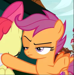 Size: 875x888 | Tagged: safe, derpibooru import, screencap, apple bloom, scootaloo, earth pony, pegasus, pony, the big mac question, cropped, eyes closed, female, filly, lidded eyes, offscreen character, raised eyebrow, solo focus, underhoof