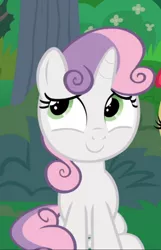 Size: 568x884 | Tagged: safe, derpibooru import, screencap, sweetie belle, pony, unicorn, the big mac question, cropped, cute, diasweetes, female, filly, offscreen character, sitting, smiling, solo, solo focus