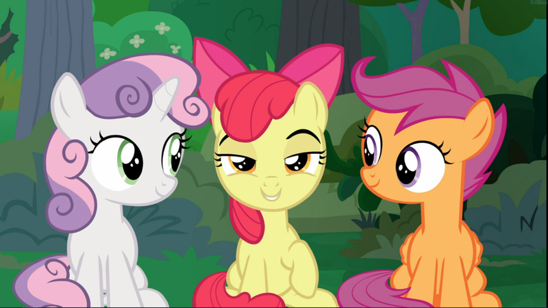 Size: 1671x939 | Tagged: safe, derpibooru import, screencap, apple bloom, scootaloo, sweetie belle, earth pony, pegasus, pony, unicorn, the big mac question, bow, cropped, cutie mark crusaders, female, filly, hair bow, lidded eyes, looking at each other, looking at you, raised hoof, sitting, smiling, smirk, smug, trio