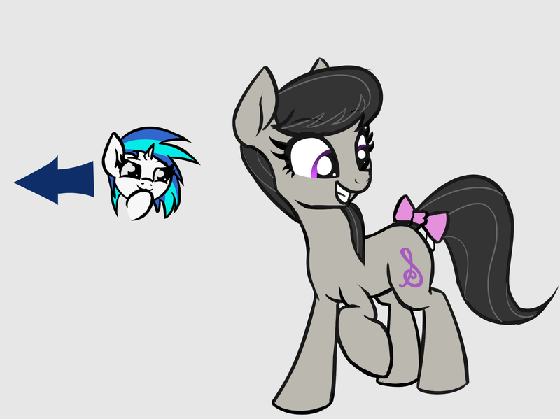 Size: 1864x1396 | Tagged: safe, artist:wenni, derpibooru import, octavia melody, vinyl scratch, pony, :3c, bow, duo, female, gray background, happy, looking back, simple background, smiling, smug, tail bow