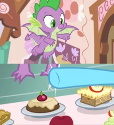 Size: 1600x1764 | Tagged: safe, derpibooru import, edit, edited screencap, screencap, cup cake, spike, dragon, pony, the big mac question, apple, cake, claws, comic, cupcake, dessert, flying, food, fritter, hooves, kitchen, pointing, screencap comic, sin of greed, swatting, winged spike