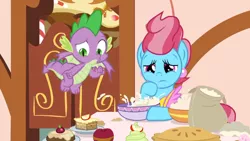 Size: 1600x900 | Tagged: safe, derpibooru import, screencap, cup cake, spike, dragon, earth pony, pony, the big mac question, apple, bowl, cake, counting, cupcake, flour, flying, food, kitchen, mixing, mixing bowl, pie, winged spike