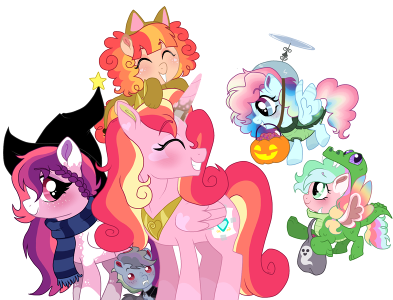 Size: 1700x1297 | Tagged: artist:unoriginai, candy, clothes, cosplay, costume, cute, derpibooru import, fake horn, food, gummy, hat, interdimensional siblings, magical lesbian spawn, nightmare night, oc, oc:candy floss, oc:lavender parley, oc:monochrome mayhem, oc:party popper, oc:pop rocks, oc:sugar crash, offspring, parent:pinkie pie, parent:rainbow dash, parents:pinkiedash, princess cadance, ravenclaw, safe, tank, witch hat