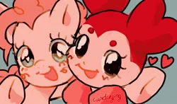 Size: 1164x686 | Tagged: safe, artist:cupidcry, derpibooru import, pinkie pie, earth pony, pony, beanbrows, crossover, cute, diapinkes, eyebrows, female, looking at you, mare, smiling, spinel (steven universe), steven universe