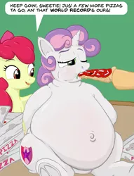 Size: 2205x2885 | Tagged: suggestive, artist:sybaris, banned from derpibooru, deleted from derpibooru, derpibooru import, apple bloom, scootaloo, sweetie belle, earth pony, pegasus, pony, unicorn, belly, belly button, big belly, bloated, chubby, cutie mark, cutie mark crusaders, eating, fat, feedee, feedee belle, feeder, feeding, food, force feeding, frog (hoof), gluttony, image, obese, older, older apple bloom, older scootaloo, older sweetie belle, outie belly button, overeating, pizza, png, stuffing, sweetie belly, the cmc's cutie marks, underhoof, weight gain