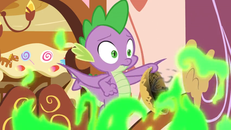 Size: 1600x900 | Tagged: derpibooru import, dragon, fire, green fire, idiot, kitchen, now you fucked up, oops, safe, scorched, screencap, solo, spike, the big mac question, uh oh, winged spike