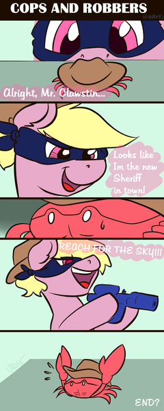 Size: 1800x4500 | Tagged: safe, artist:cadetredshirt, derpibooru import, oc, oc:clawstin, oc:harmony star, crab, earth pony, pony, comic, cowboy hat, crab battle, grin, harmonycon 2020, hat, mask, meme, smiling, watergun