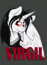 Size: 605x832 | Tagged: safe, artist:cadetredshirt, derpibooru import, oc, oc:virgil, unofficial characters only, alicorn, pony, vampire, vampony, alicorn oc, badge, commission, fangs, horn, jewelry, long mane male, looking at you, male, necklace, ring, solo, wings