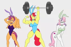 Size: 1280x848 | Tagged: suggestive, artist:matchstickman, derpibooru import, apple bloom, scootaloo, sweetie belle, anthro, earth pony, pegasus, unicorn, tumblr:where the apple blossoms, abs, apple brawn, armpits, barbell, bedroom eyes, biceps, breasts, bunny ears, bunny suit, busty apple bloom, busty scootaloo, busty sweetie belle, clothes, cutie mark, cutie mark crusaders, deltoids, female, flexing, gray background, image, looking back, mare, matchstickman's apple brawn series, muscles, older, older apple bloom, older scootaloo, older sweetie belle, one eye closed, pecs, playboy bunny, playboy bunny apple bloom, playboy bunny scootaloo, playboy bunny sweetie belle, png, simple background, strongaloo, the cmc's cutie marks, thighs, thunder thighs, tongue out, triceps, trio, tumblr comic, wink
