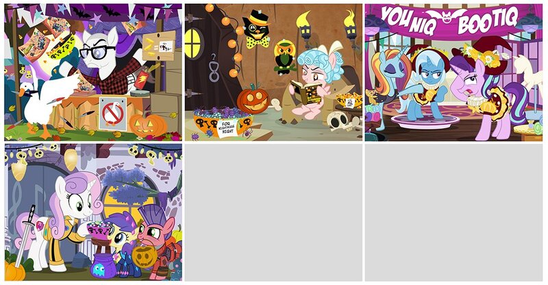 Size: 1100x572 | Tagged: artist:pixelkitties, beatrix kiddo, bird, clothes, costume, cozy glow, derpibooru import, female, filly, goose, halloween, holiday, jack-o-lantern, jim miller, kill bill, older, older sweetie belle, pixelkitties' brilliant autograph media artwork, pumpkin, safe, sassy saddles, starlight glimmer, sweetie belle, torch, trixie, untitled goose game, wip