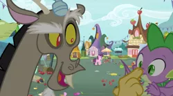 Size: 1600x896 | Tagged: apple, barrel, boop, building, cabbage, confused, derpibooru import, discord, dragon, flower, food, mess, non-consensual booping, noseboop, ponyville, rose, safe, screencap, spike, sugar belle, tent, the big mac question, winged spike