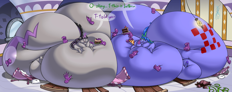 Size: 6450x2547 | Tagged: questionable, artist:thespacepon3, derpibooru import, oc, oc:felicity stars, oc:magna-save, pegasus, pony, unicorn, ass, belly, belly bed, big, big belly, bingo wings, butt, chubby cheeks, dialogue, double chin, fat, feeding, food, full, furniture abuse, hand, high res, hot tub, huge, huge belly, huge butt, immobile, impossibly large belly, impossibly large butt, impossibly obese, large butt, levitation, magic, magic hands, magslicity, morbidly obese, nudity, obese, oc x oc, plot, property damage, shipping, spa, stretched cutie mark, telekinesis, the ass was fat, thighs, thunder thighs