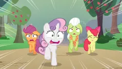 Size: 1600x900 | Tagged: safe, derpibooru import, screencap, apple bloom, granny smith, scootaloo, sweetie belle, pony, the big mac question, apple, apple tree, cutie mark crusaders, food, frightened, orchard, panic, running, tree