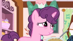 Size: 1600x900 | Tagged: admiration, blueberry, bowl, curtain, derpibooru import, food, kitchen, safe, screencap, shelf, solo, sugar belle, the big mac question