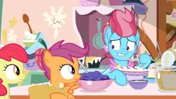 Size: 1600x900 | Tagged: apple bloom, batter, bowl, cup cake, derpibooru import, food, grin, kitchen, mixing, nervous, nervous grin, pan, safe, scootaloo, screencap, smiling, spoon, the big mac question, tired