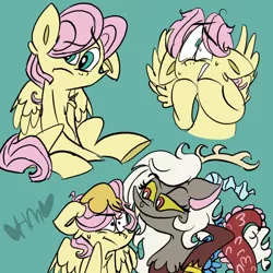 Size: 800x800 | Tagged: artist:mirabuncupcakes15, butterscotch, derpibooru import, discord, draconequus, duo, eris, female, fluttershy, green background, male, pegasus, rule 63, safe, scared, simple background