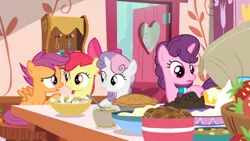 Size: 1600x900 | Tagged: apple bloom, bowl, cutie mark crusaders, derpibooru import, food, jar, kitchen, open door, pie, pouring, safe, scootaloo, screencap, strawberry, sugar belle, sugar (food), sweetie belle, the big mac question