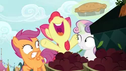 Size: 1600x900 | Tagged: apple, apple bloom, cutie mark crusaders, derpibooru import, excited, food, happy, hiding, levitation, magic, nervous, pie, safe, scootaloo, screencap, smiling, sweetie belle, telekinesis, the big mac question, yelling