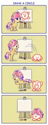Size: 1000x2575 | Tagged: safe, artist:sazanamibd, derpibooru import, kettle corn, earth pony, pony, 4koma, comic, copy ability, crossover, easel, eaten alive, female, filly, inhaling, kirby, kirby (character), mouth hold, paintbrush, running, sucking, transformation, vore, vore transformation