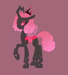 Size: 816x900 | Tagged: artist:carnifex, changeling, changeling oc, changeling queen, changeling queen oc, colored sclera, crooked horn, derpibooru import, female, horn, lidded eyes, oc, oc:queen fluture, raised hoof, red background, red changeling, red eyes, red sclera, safe, simple background, solo, unofficial characters only