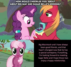 Size: 1280x1213 | Tagged: safe, artist:mlp-silver-quill, derpibooru import, edit, edited screencap, screencap, big macintosh, cheerilee, sugar belle, pony, comic:pinkie pie says goodnight, the big mac question, answer, approval, caption, engagement ring, female, friendship, headcanon, just friends, male, marriage proposal, message, question, shipping, straight, sugarmac