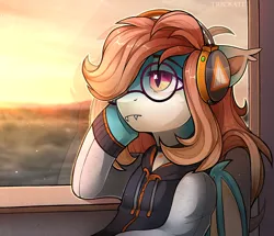 Size: 2240x1928 | Tagged: safe, artist:trickate, derpibooru import, oc, oc:sweet riot, unofficial characters only, bat pony, pony, bat pony oc, bat wings, bus, clothes, fangs, glasses, headphones, hoodie, solo, sunset, train, trip, wings