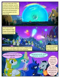 Size: 612x792 | Tagged: safe, artist:newbiespud, derpibooru import, edit, edited screencap, screencap, princess celestia, alicorn, pegasus, pony, unicorn, comic:friendship is dragons, school raze, big crown thingy, canterlot, comic, dialogue, element of magic, explosion, female, fireworks, glowing horn, grin, horn, implied pinkie pie, implied rainbow dash, implied twilight sparkle, jewelry, looking back, magic, male, mare, night, peytral, ponyville, regalia, royal guard, screencap comic, smiling, stallion, stars, telekinesis