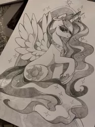 Size: 960x1280 | Tagged: safe, artist:share dast, derpibooru import, princess celestia, alicorn, pony, beautiful, crown, cutie mark, ethereal mane, ethereal tail, female, flowing mane, flowing tail, hoof shoes, inktober, inktober 2019, jewelry, lidded eyes, mare, raised hoof, regalia, sketch, smiling, solo, sparkles, spread wings, throne, traditional art, wings