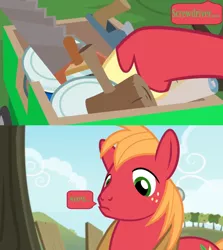 Size: 1600x1796 | Tagged: safe, derpibooru import, edit, edited screencap, screencap, big macintosh, pony, the big mac question, comic, dialogue, hammer, mallet, orchard, paint can, saw, screencap comic, solo, speech bubble, tools