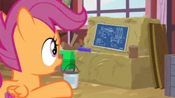 Size: 1600x898 | Tagged: safe, derpibooru import, screencap, scootaloo, pony, the big mac question, blueprint, hammer, hay, hay bale, lumber, mallet, paint can, plank, screwdriver, solo