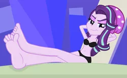 Size: 1365x849 | Tagged: suggestive, artist:grapefruitface1, derpibooru import, starlight glimmer, equestria girls, mirror magic, the cutie re-mark, spoiler:eqg specials, bad anatomy, barefoot, beanie, belly button, bikini, breasts, cleavage, clothes, equestria girls interpretation, feet, feet on table, female, fixed, friendship throne, hat, legs, looking at you, s5 starlight, scene interpretation, solo, solo female, swimsuit, updated, welcome home twilight