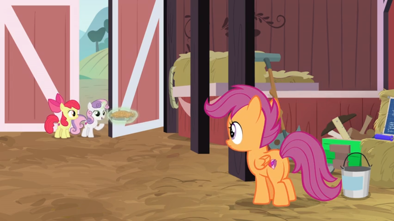 Size: 1600x900 | Tagged: apple bloom, barn, cutie mark crusaders, derpibooru import, door, food, hay, levitation, magic, mallet, paint can, pie, ruler, safe, scootaloo, screencap, shovel, sweetie belle, telekinesis, the big mac question